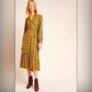 Anthropologie Dalton Mustard Plaid Fall Wrap Dress
